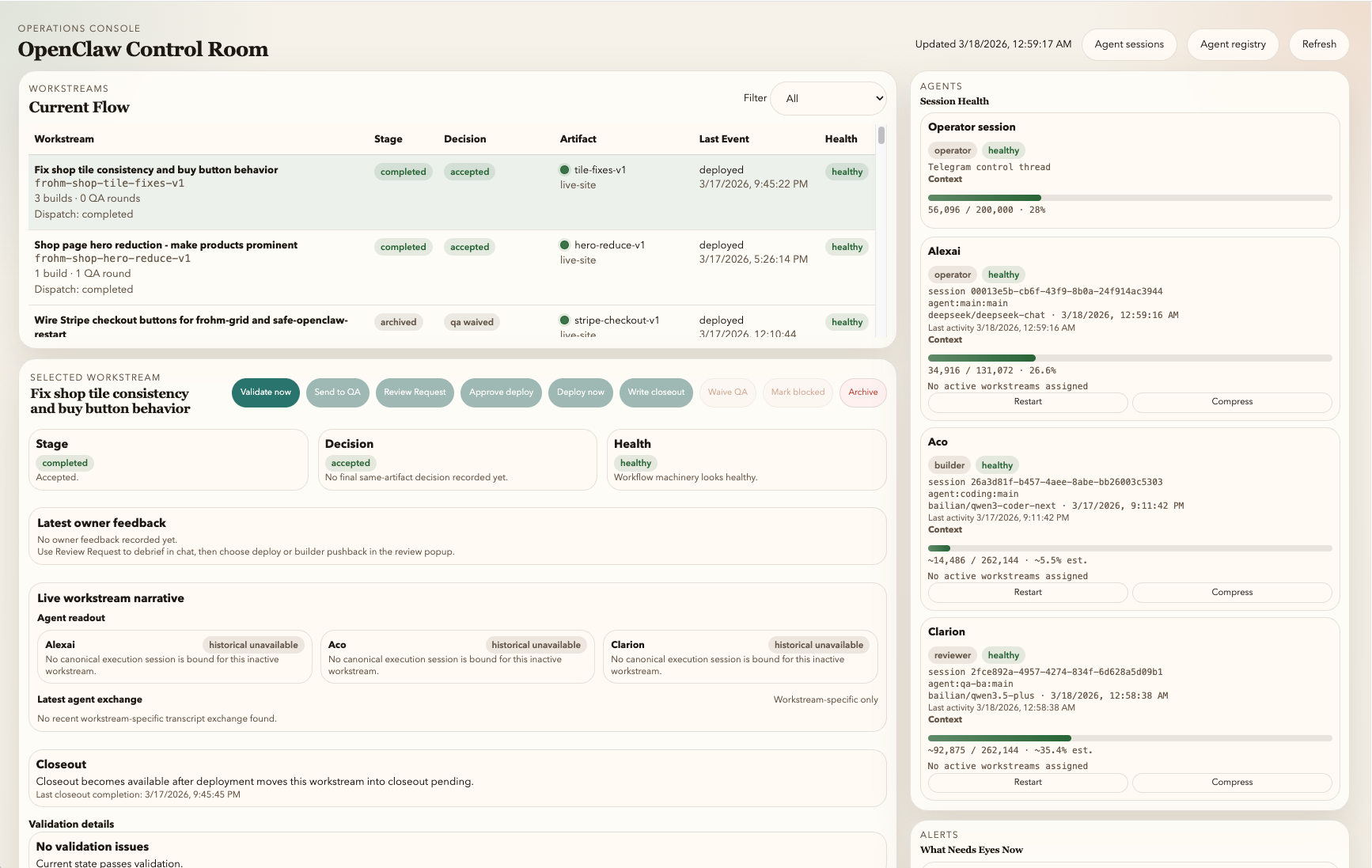 Control Room dashboard showing active workstreams, agent health, alerts, and operator controls